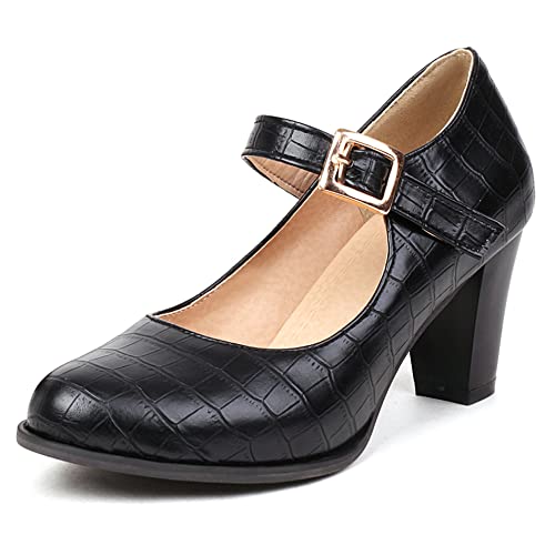 Damen Blockieren Ferse Mary Jane Schuhe, Höhe Ferse Pumpe Runde Zehen Schnalle Kleid Pumps Mode Bnvkmm Schwarz Gr 39 EU von Lroey Reoly