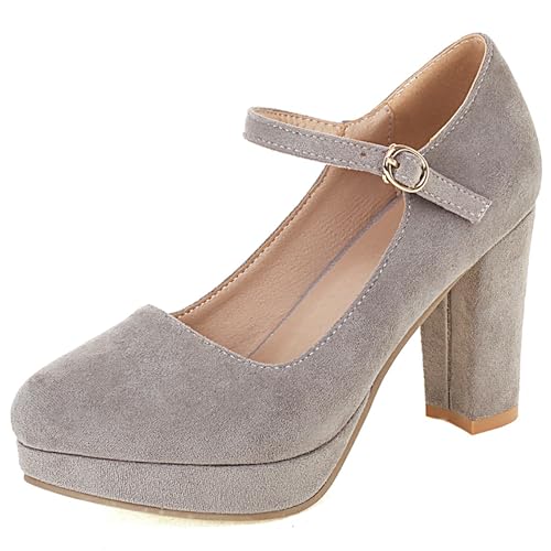 Damen Blockieren Ferse Mary Jane Schuhe, Höhe Ferse Pumpe Runde Zehen Schnalle Kleid Pumps mit Plateau Elegant Abendschuhe Khthbh Grau Gr 34 EU von Lroey Reoly