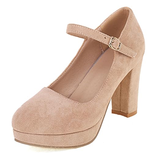 Damen Blockieren Ferse Mary Jane Schuhe, Höhe Ferse Pumpe Runde Zehen Schnalle Kleid Pumps mit Plateau Elegant Abendschuhe Rytbkx Beige Gr 33 EU von Lroey Reoly