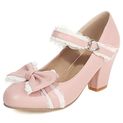 Damen Blockieren Ferse Mary Jane Schuhe, Höhe Ferse Pumpe Runde Zehen Schnalle Party Schuhe Bogen Mode Omejkr Pink Gr 48 EU von Lroey Reoly