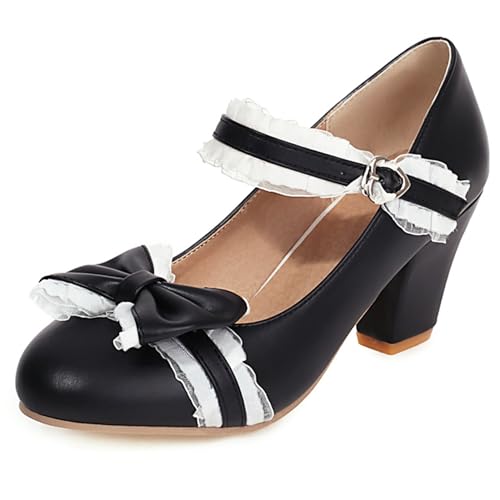 Damen Blockieren Ferse Mary Jane Schuhe, Höhe Ferse Pumpe Runde Zehen Schnalle Party Schuhe Bogen Mode Wpjnqf Schwarz Gr 43 EU von Lroey Reoly
