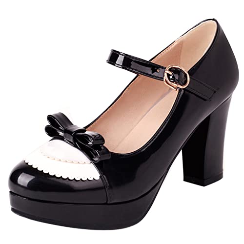 Damen Blockieren Ferse Mary Jane Schuhe, Höhe Ferse Pumpe Runde Zehen Schnalle Party Schuhe mit Plateau Bogen Klassische Urwsme Schwarz Gr 40 EU Damen Blockieren Ferse Mary Jane Schuhe, Höhe Ferse Pumpe Runde Zehen Schnalle Party Schuhe mit Plateau Bogen Klassische Urwsme Schwarz Gr 40 EU von Lroey Reoly