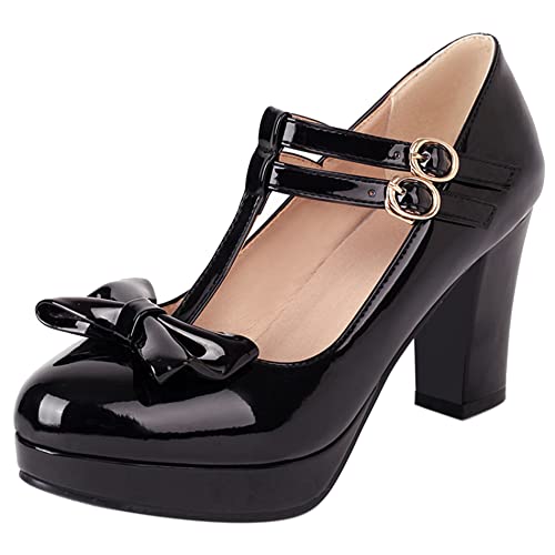 Damen Blockieren Ferse Mary Jane Schuhe, Höhe Ferse Pumpe Runde Zehen Schnalle Party Schuhe mit Plateau T-Spange Bogen Mode Baclcv Schwarz Gr 38 EU von Lroey Reoly