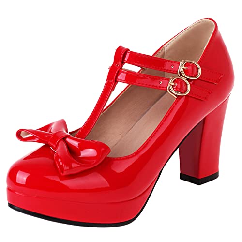 Damen Blockieren Ferse Mary Jane Schuhe, Höhe Ferse Pumpe Runde Zehen Schnalle Party Schuhe mit Plateau T-Spange Bogen Mode Mtmmwq Rot Gr 46 EU von Lroey Reoly