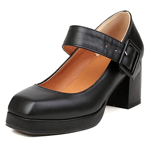 Damen Blockieren Ferse Mary Jane Schuhe, Höhe Ferse Pumpe Square Toe Schnalle Kleid Pumps mit Plateau Klassische Solid Schuhe Rdqlml Schwarz Gr 43 EU von Lroey Reoly