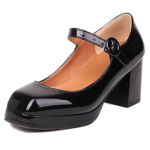 Damen Blockieren Ferse Mary Jane Schuhe, Höhe Ferse Pumpe Square Toe Schnalle Kleid Pumps mit Plateau Mode Solid Schuhe Lvguhx Schwarz Gr 42 EU von Lroey Reoly