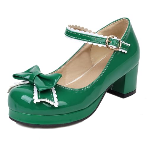 Damen Blockieren Ferse Mary Jane Schuhe, Mittlere Fersenpumpe Runde Zehen Schnalle Kleid Pumps mit Plateau Bogen Elegant Wdopcs Grün Gr 42 EU von Lroey Reoly