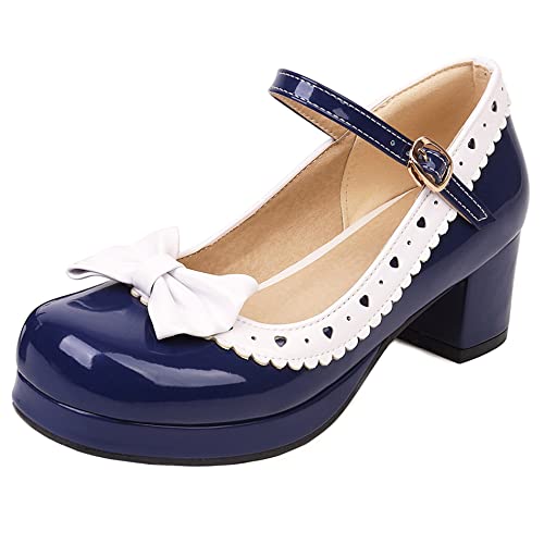 Damen Blockieren Ferse Mary Jane Schuhe, Mittlere Fersenpumpe Runde Zehen Schnalle Kleid Pumps mit Plateau Bogen Mode Mvsnyl Blau Gr 48 EU von Lroey Reoly