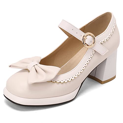 Damen Blockieren Ferse Mary Jane Schuhe, Mittlere Fersenpumpe Runde Zehen Schnalle Party Schuhe mit Plateau Bogen Klassische Awkcfh Beige Gr 40 EU von Lroey Reoly