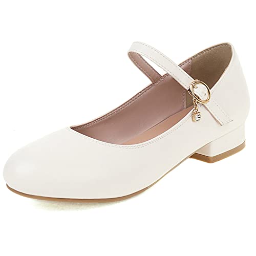 Damen Blockieren Ferse Mary Jane Schuhe, Niedrige Fersenpumpe Runde Zehen Schnalle Kleid Pumps Leisure Hckdyn Weiß Gr 41 EU von Lroey Reoly