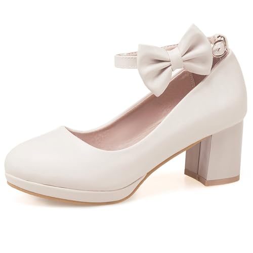 Damen Blockieren Fersenpumps, Mittlere Fersenpumpe Runde Zehen Schnalle Abendschuhe mit Plateau Knöchelriemchen Bogen Elegant Gchueh Beige Gr 39 EU von Lroey Reoly