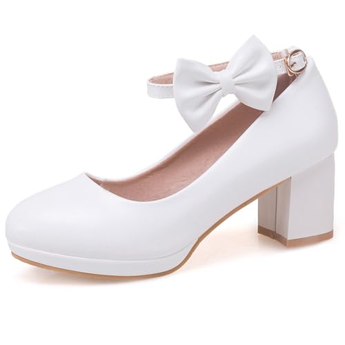 Damen Blockieren Fersenpumps, Mittlere Fersenpumpe Runde Zehen Schnalle Abendschuhe mit Plateau Knöchelriemchen Bogen Elegant Rpwtat Weiß Gr 37 EU von Lroey Reoly