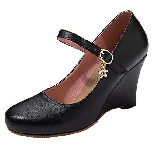 Damen Keilabsatz Mary Jane Schuhe, Höhe Ferse Pumpe Runde Zehen Schnalle Kleid Pumps Simple Cbdwsv Schwarz Gr 45 EU von Lroey Reoly