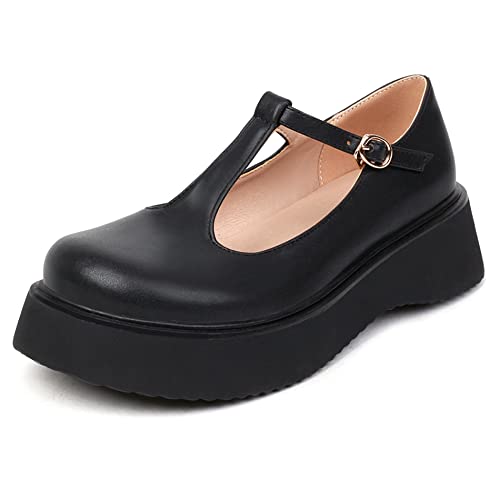 Damen Keilabsatz Mary Jane Schuhe, Mittlere Fersenpumpe Runde Zehen Schnalle Kleid Pumps mit Plateau T-Spange Komfort Dechmt Schwarz Gr 45 EU von Lroey Reoly