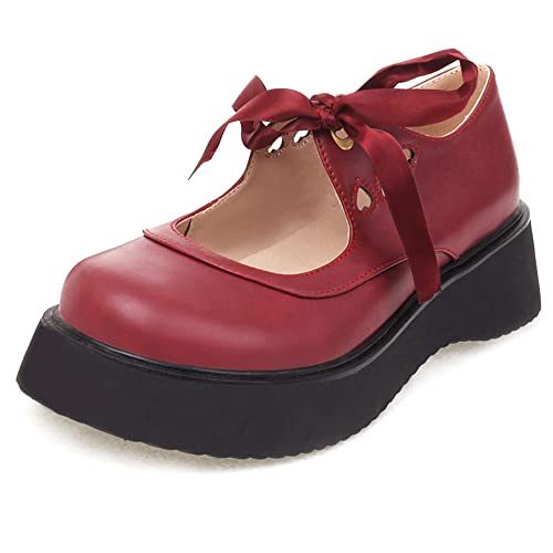 Damen Keilabsatz Mary Jane Schuhe, Mittlere Fersenpumpe Runde Zehen Schnüren Kleid Pumps mit Plateau Komfort Ssepoq Rotwein Gr 38 EU Damen Keilabsatz Mary Jane Schuhe, Mittlere Fersenpumpe Runde Zehen Schnüren Kleid Pumps mit Plateau Komfort Ssepoq Rotwein Gr 38 EU von Lroey Reoly