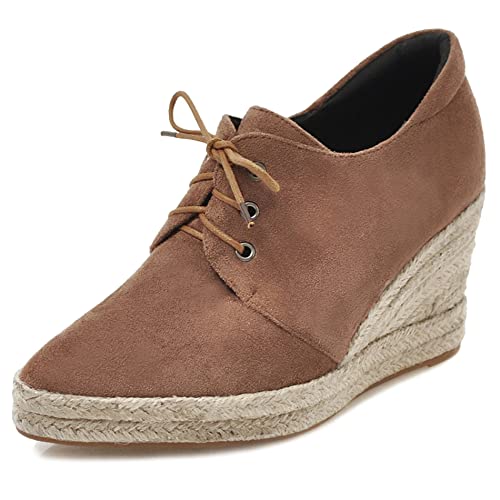 Damen Keilabsatz Oxfords, Höhe Ferse Pumpe Pointed Toe Schnüren Espadrilles mit Plateau Leisure Solid Schuhe Sijsbx Braun Gr 44 EU von Lroey Reoly