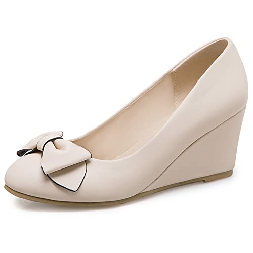 Damen Kleiderpumps, Pump Keilabsatz Süß Party Schuhe Mitte Absatz Runde Zehen Bogen Beige Gr 40 EU von Lroey Reoly