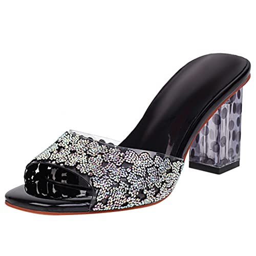 Damen Pantoletten mit Absatz, Sandalen Mode Blockabsatz Transparente Schuhe Ohne Verschluss Glitzersteine 222 Schwarz Gr 39 EU von Lroey Reoly