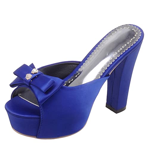 Damen Pantoletten mit Absatz, Sandalen Peep Toe Mode Blockabsatz Abendschuhe mit Plateau Ohne Verschluss Bogen Satin 254 Blau Gr 42 EU von Lroey Reoly