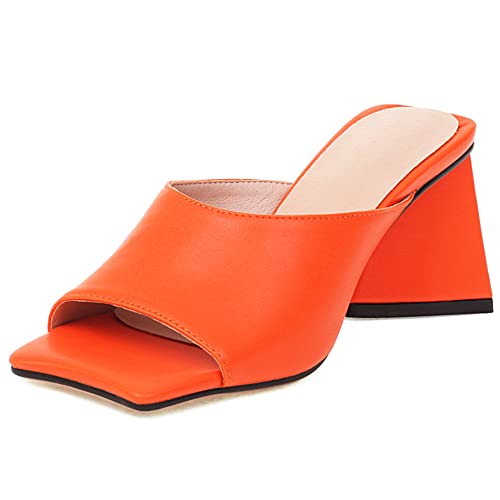 Damen Pantoletten mit Absatz, Sandalen Peep Toe Mode Blockabsatz Party Schuhe Ohne Verschluss Solid 237 Orange Gr 39 EU von Lroey Reoly