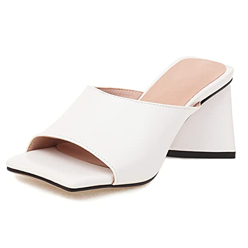 Damen Pantoletten mit Absatz, Sandalen Peep Toe Mode Blockabsatz Party Schuhe Ohne Verschluss Solid 237 Weiß Gr 41 EU von Lroey Reoly