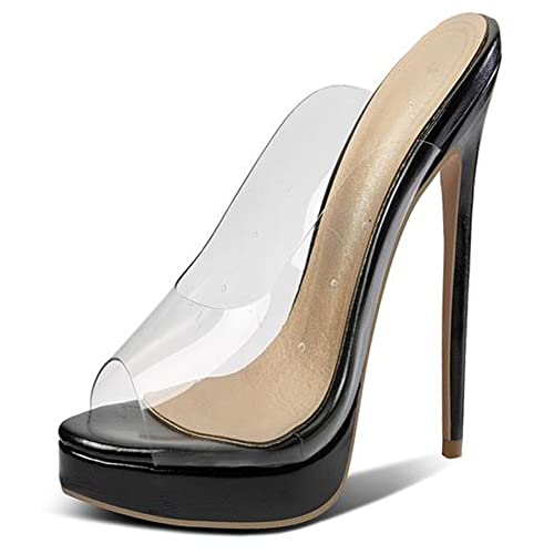 Damen Pantoletten mit Absatz, Sandalen Peep Toe Mode Stiletto Transparente Schuhe mit Plateau Ohne Verschluss 232 Schwarz Gr 42 EU von Lroey Reoly