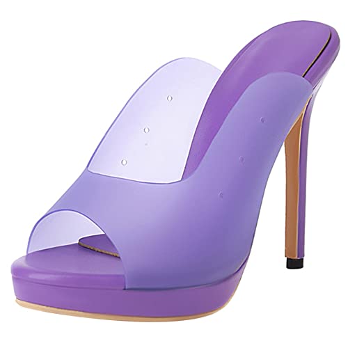 Damen Pantoletten mit Absatz, Sandalen Peep Toe Mode Stiletto Transparente Schuhe mit Plateau Ohne Verschluss 233 Violett Gr 45 EU von Lroey Reoly