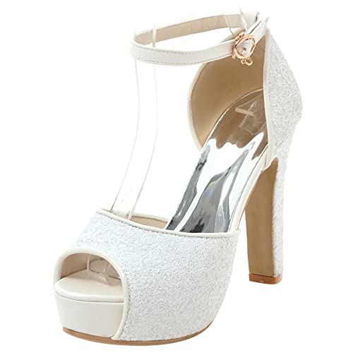 Damen Sandale mit Absatz, Sandalen Peep Toe Elegant Blockabsatz Brautschuhe mit Plateau Schnalle Knöchelriemchen Glitzer 095 Weiß Gr 37 EU von Lroey Reoly