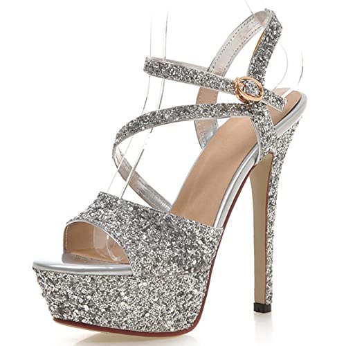 Damen Sandale mit Absatz, Sandalen Peep Toe Elegant Stiletto Brautschuhe mit Plateau Schnalle Knöchelriemchen Glitzer 060 Silber Gr 36 EU von Lroey Reoly