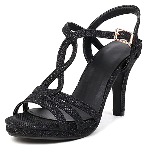 Damen Sandale mit Absatz, Sandalen Peep Toe Mode Stiletto Brautschuhe mit Plateau Schnalle Knöchelriemchen Glitzer 039 Schwarz Gr 46 EU von Lroey Reoly