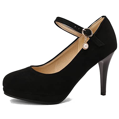 Damen Stiletto Mary Jane Schuhe, Höhe Ferse Pumpe Runde Zehen Schnalle Kleid Pumps mit Plateau Simple Afxdev Schwarz Gr 48 EU von Lroey Reoly