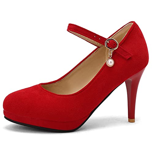 Damen Stiletto Mary Jane Schuhe, Höhe Ferse Pumpe Runde Zehen Schnalle Kleid Pumps mit Plateau Simple Bnmqtw Rot Gr 47 EU von Lroey Reoly