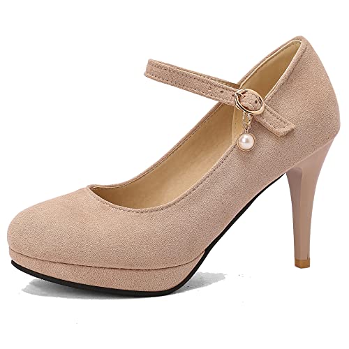 Damen Stiletto Mary Jane Schuhe, Höhe Ferse Pumpe Runde Zehen Schnalle Kleid Pumps mit Plateau Simple Qdfihd Beige Gr 44 EU von Lroey Reoly