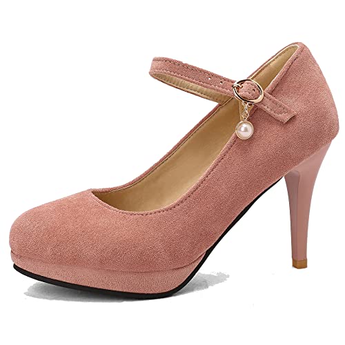 Damen Stiletto Mary Jane Schuhe, Höhe Ferse Pumpe Runde Zehen Schnalle Kleid Pumps mit Plateau Simple Ugvtlp Pink Gr 37 EU von Lroey Reoly
