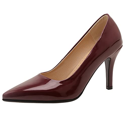 Damen Stiletto Pumps, Höhe Ferse Pumpe Pointed Toe Ohne Verschluss Kleid Pumps Simple Party Schuhe Fxuwjj Rotwein Gr 43 EU von Lroey Reoly