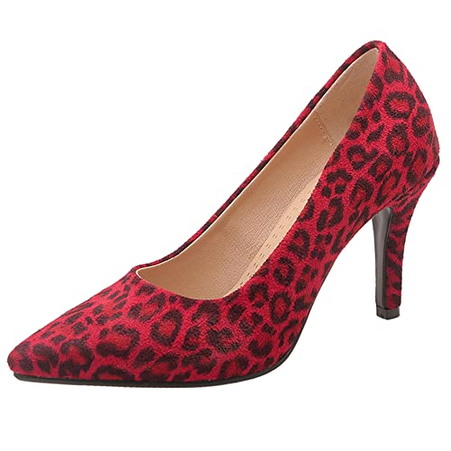 Damen Stiletto Pumps, Höhe Ferse Pumpe Pointed Toe Ohne Verschluss Kleid Pumps Simple Party Schuhe Xlnjni Rot-Leopard Gr 50 EU von Lroey Reoly