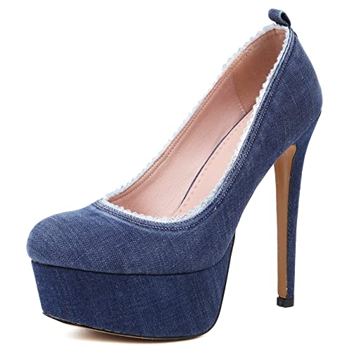Damen Stiletto Pumps, Höhe Ferse Pumpe Runde Zehen Ohne Verschluss Abendschuhe mit Plateau Mode Denim Schuhe Csviqm Blau Gr 42 EU von Lroey Reoly