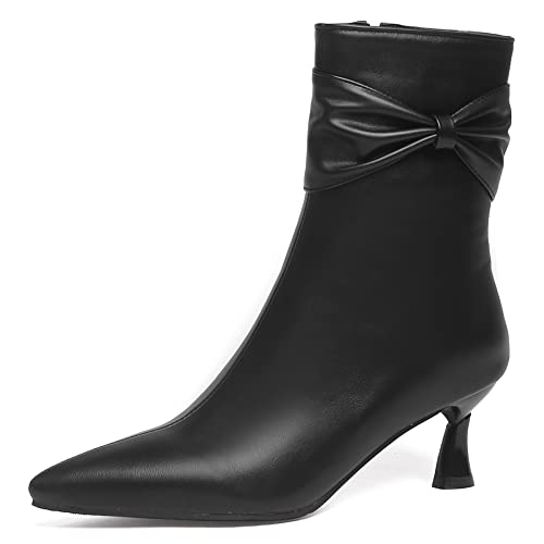 Damenstiefeletten mit Kitten-Heel, Kleid Stiefeletten Elegant Zip Kurzschaft Stiefel Mitte Absatz Pointed Toe Bogen 372 Schwarz Gr 33 EU von Lroey Reoly