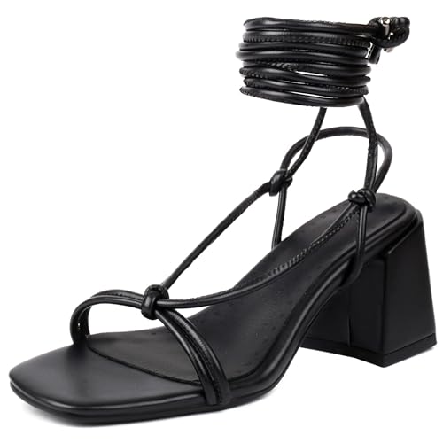 Lroey Reoly Damen Block Mitte Absatz Gladiator Sandals Square Toe Party Schuhe Ls980 Schwarz Gr 48 EU von Lroey Reoly