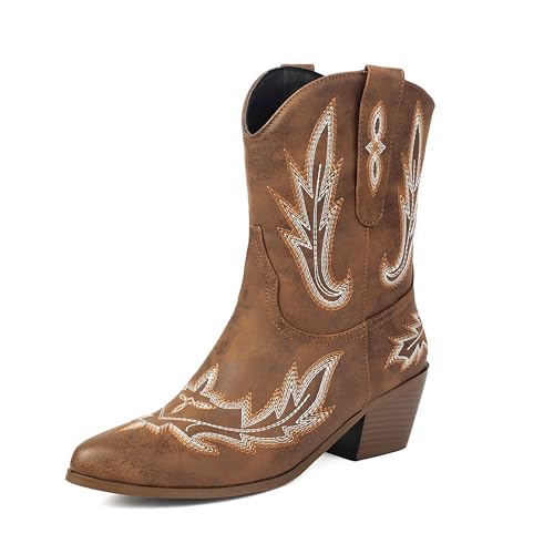 Lroey Reoly Damen Block Mitte Absatz Hohe Stiefel Pointed Toe Cowboy Dx980 Dark-Braun Gr 38 EU von Lroey Reoly