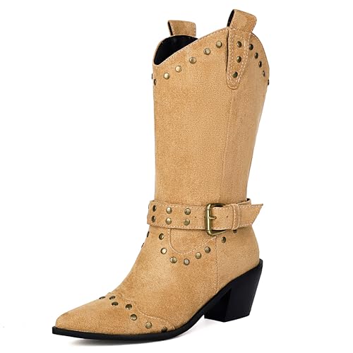 Lroey Reoly Damen Block Mitte Absatz Hohe Stiefel Pointed Toe Cowboy Dx981 Aprikose Gr 46 EU von Lroey Reoly
