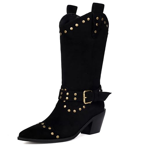 Lroey Reoly Damen Block Mitte Absatz Hohe Stiefel Pointed Toe Cowboy Dx981 Schwarz Gr 43 EU von Lroey Reoly