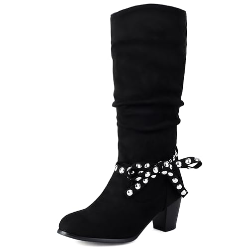 Lroey Reoly Damen Block Mitte Absatz Hohe Stiefel Runde Zehen Abend Dx977 Schwarz Gr 41 EU von Lroey Reoly