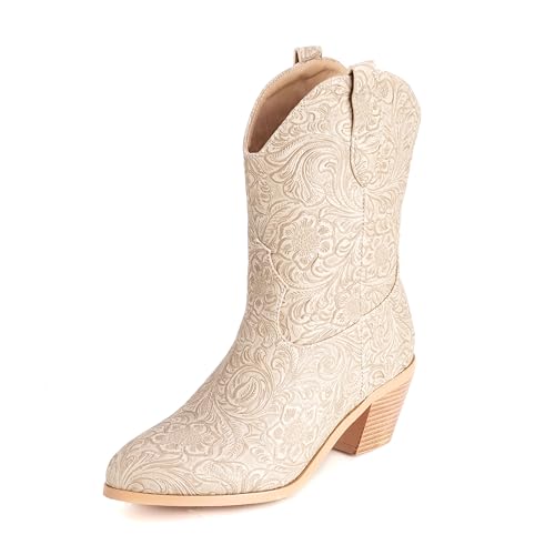 Lroey Reoly Damen Block Mitte Absatz Hohe Stiefel Runde Zehen Cowboy Dx970 Aprikose Gr 50 EU von Lroey Reoly