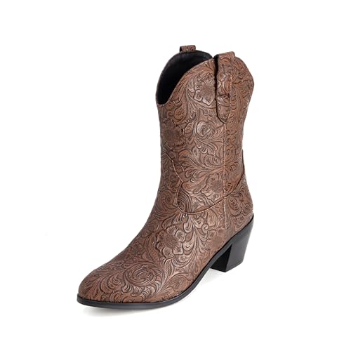 Lroey Reoly Damen Block Mitte Absatz Hohe Stiefel Runde Zehen Cowboy Dx970 Dark-Braun Gr 38 EU von Lroey Reoly