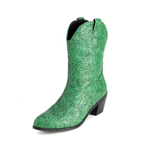 Lroey Reoly Damen Block Mitte Absatz Hohe Stiefel Runde Zehen Cowboy Dx970 Dark-Grün Gr 50 EU von Lroey Reoly