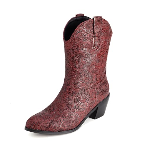 Lroey Reoly Damen Block Mitte Absatz Hohe Stiefel Runde Zehen Cowboy Dx970 Dark-Rot Gr 52 EU von Lroey Reoly