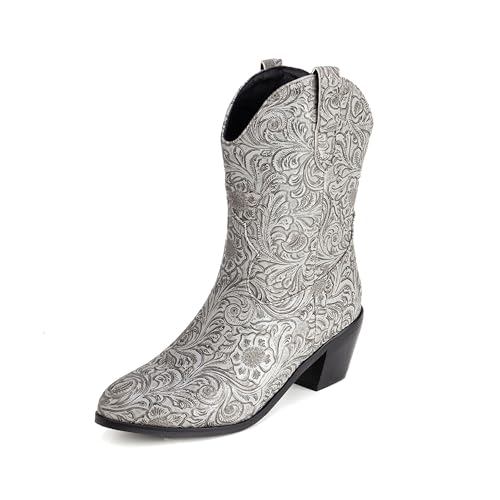 Lroey Reoly Damen Block Mitte Absatz Hohe Stiefel Runde Zehen Cowboy Dx970 Grau Gr 53 EU von Lroey Reoly