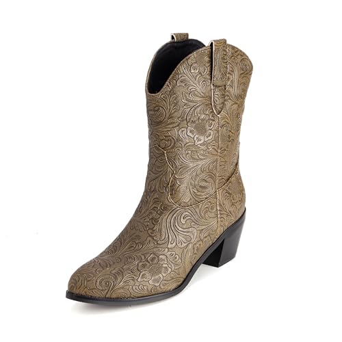 Lroey Reoly Damen Block Mitte Absatz Hohe Stiefel Runde Zehen Cowboy Dx970 Khaki Gr 35 EU von Lroey Reoly