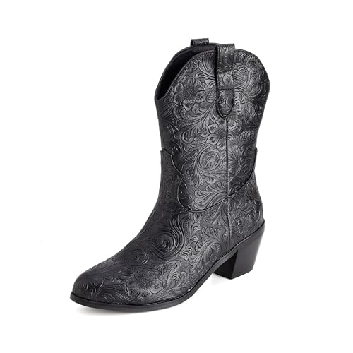Lroey Reoly Damen Block Mitte Absatz Hohe Stiefel Runde Zehen Cowboy Dx970 Schwarz Gr 39 EU von Lroey Reoly